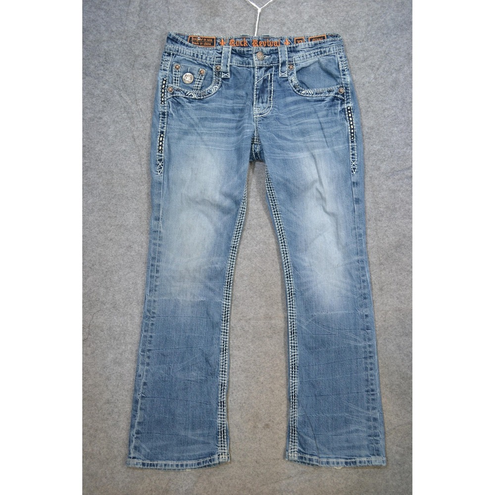 Rock Revival Mikael Jeans Mens 32x32 Blue Light Wash Slim Boot Embroidered Denim